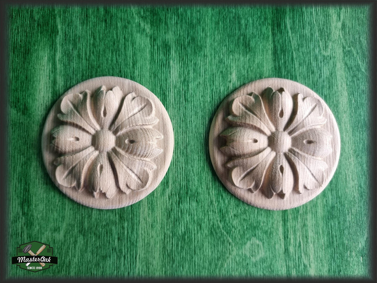 Pair of Carved Vintage Flower Round Wooden Rosette Onlay, Home Wall Embellishments, wood onlays, wood wall art decor