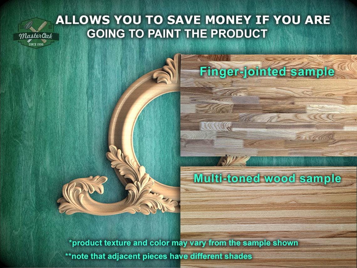 The image is a promotional advertisement for Master Oak Paint, featuring a wooden frame and a sample of multi-toned wood. The text on the image encourages viewers to save money by painting the product, highlighting the "finger-joined sample" and the "Multi-toned wood sample" as examples of the product's quality. The text also mentions that the product texture and color may vary from the sample shown and that adjacent pieces have different shades.