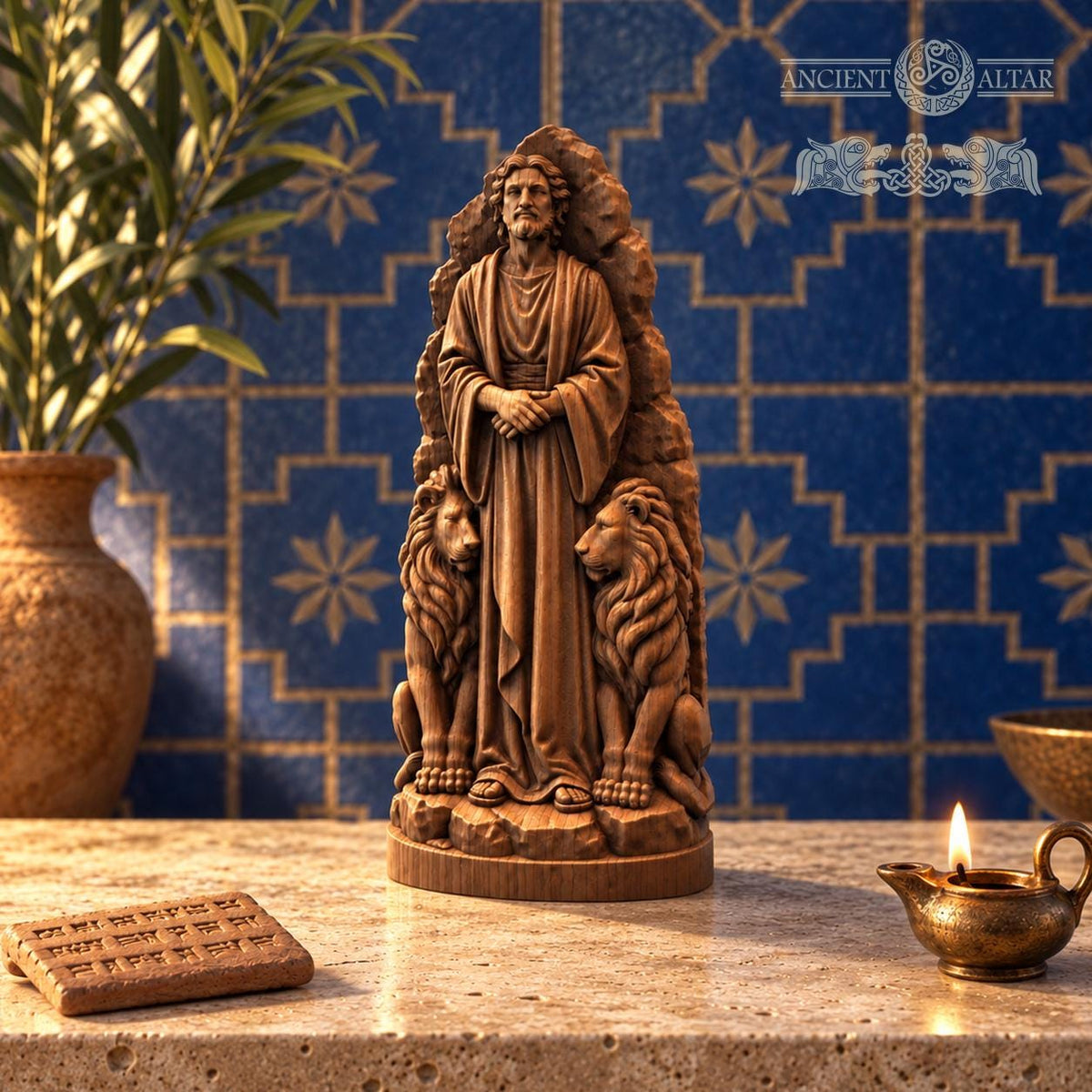 Daniel in the Lions Den Statue, Solid Oak Biblical Sculpture, Prophet with Two Lions, Judaica Home Decor, Religious Gift