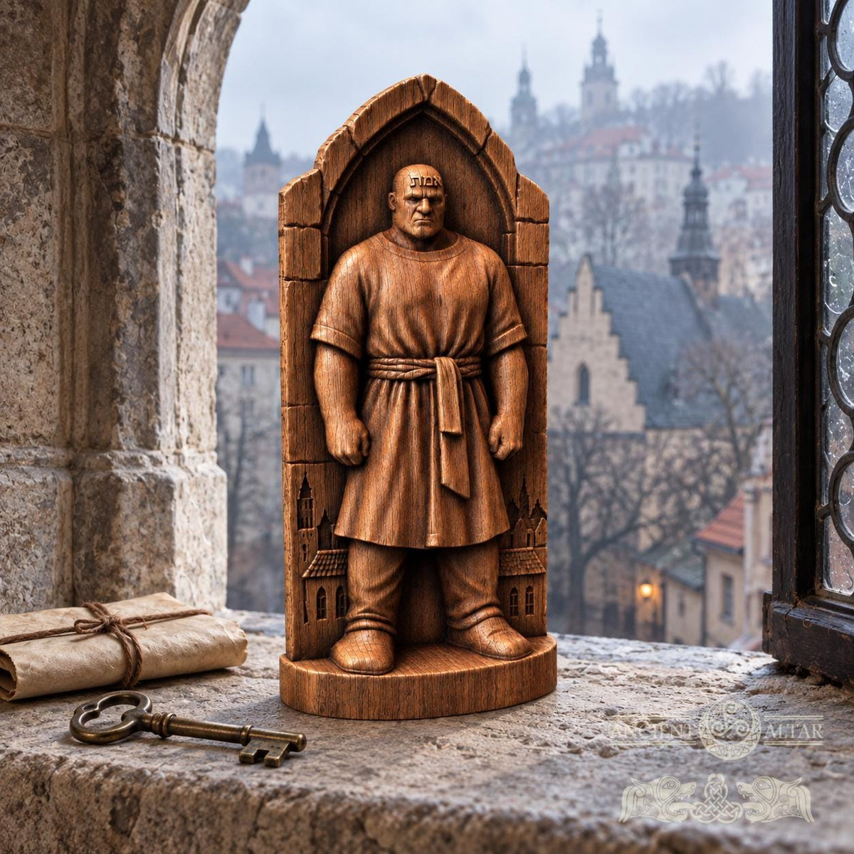 Golem of Prague Statue, Solid Oak Jewish Folklore Sculpture, Gothic Arch and Old Town Details, Judaica Decor, Fantasy Collector Gift