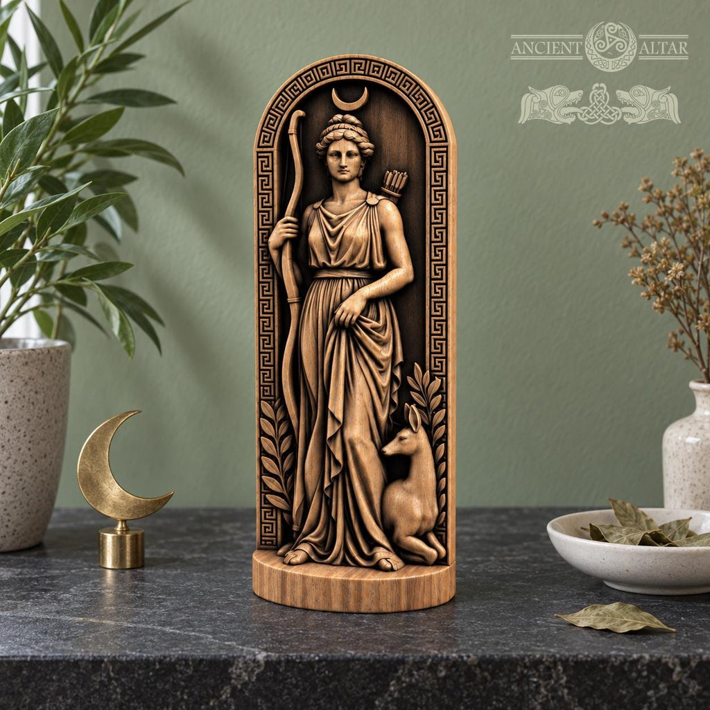 Artemis Wooden Statue with Deer, Greek Goddess of the Hunt Figurine, Moon Altar Decor, Ancient Mythology Sculpture, Pagan Gift