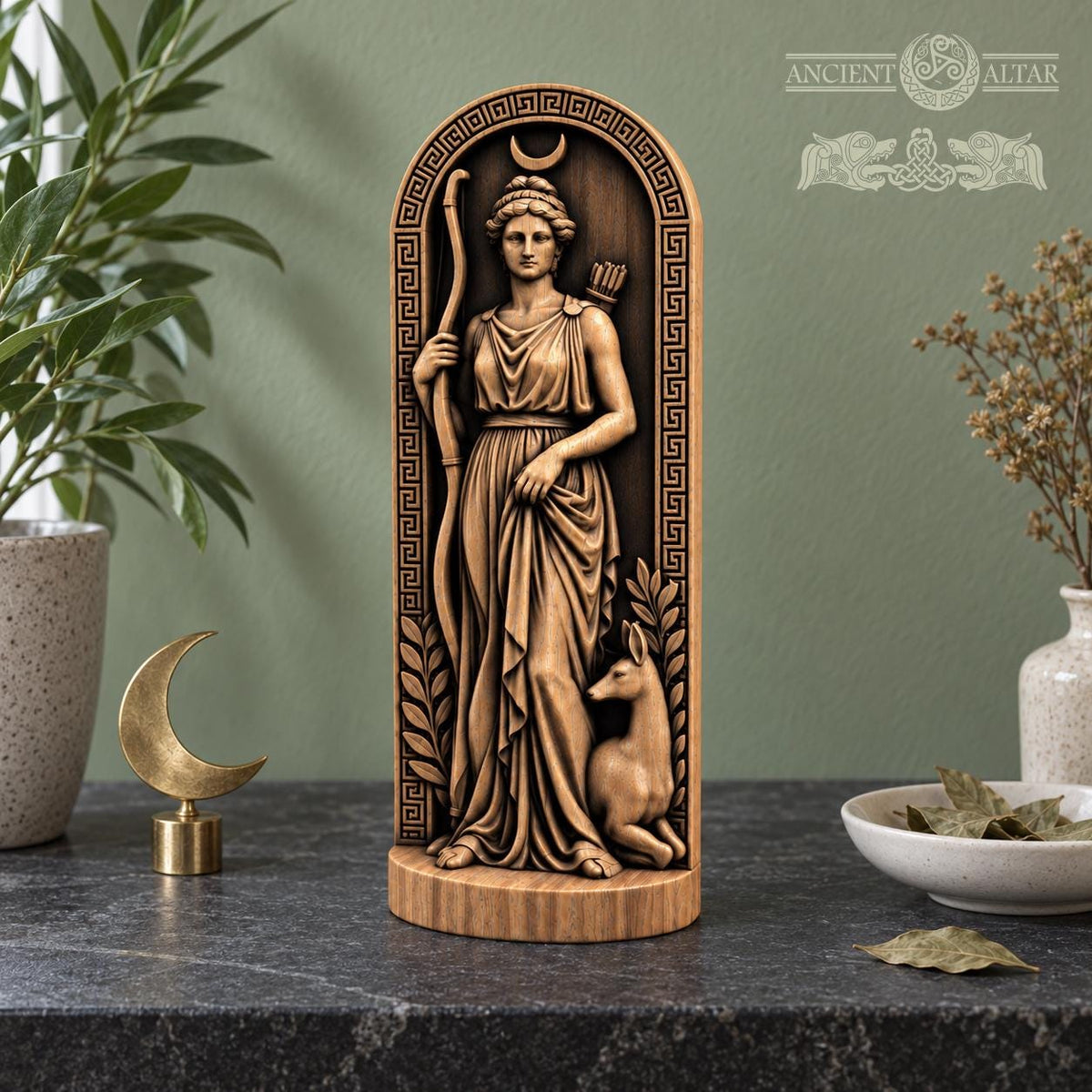 Artemis Wooden Statue with Deer, Greek Goddess of the Hunt Figurine, Moon Altar Decor, Ancient Mythology Sculpture, Pagan Gift
