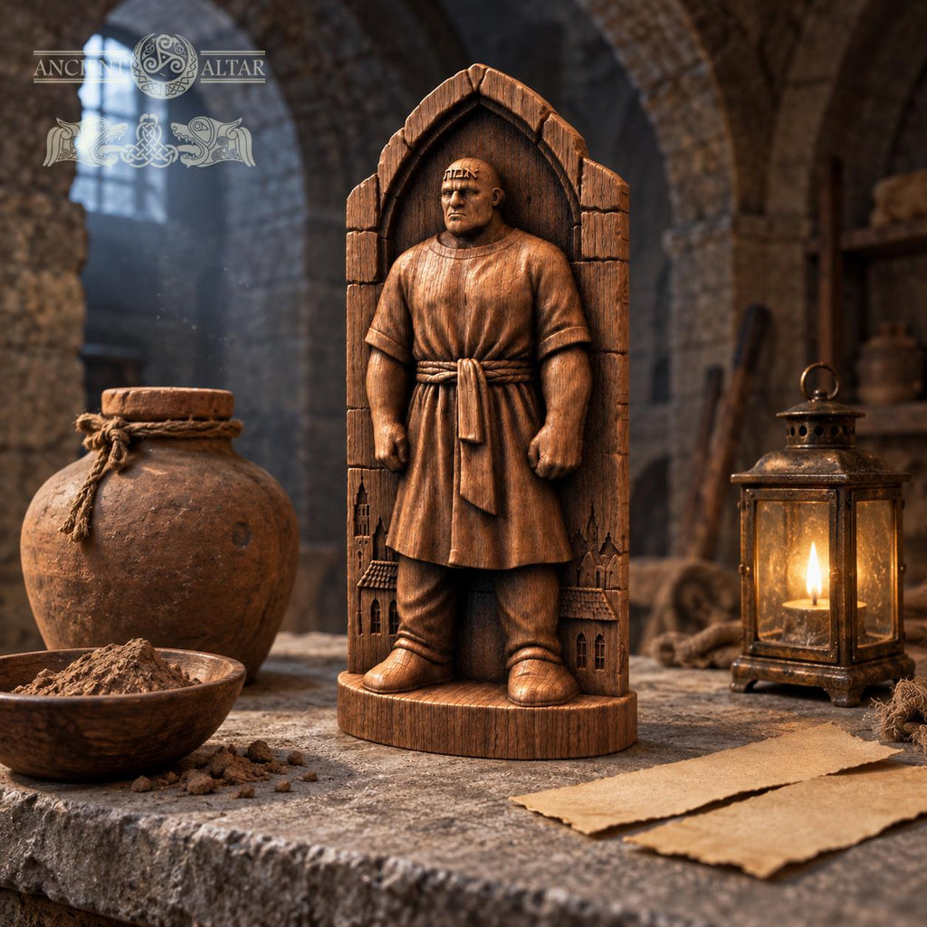 Golem of Prague Statue, Solid Oak Jewish Folklore Sculpture, Gothic Arch and Old Town Details, Judaica Decor, Fantasy Collector Gift
