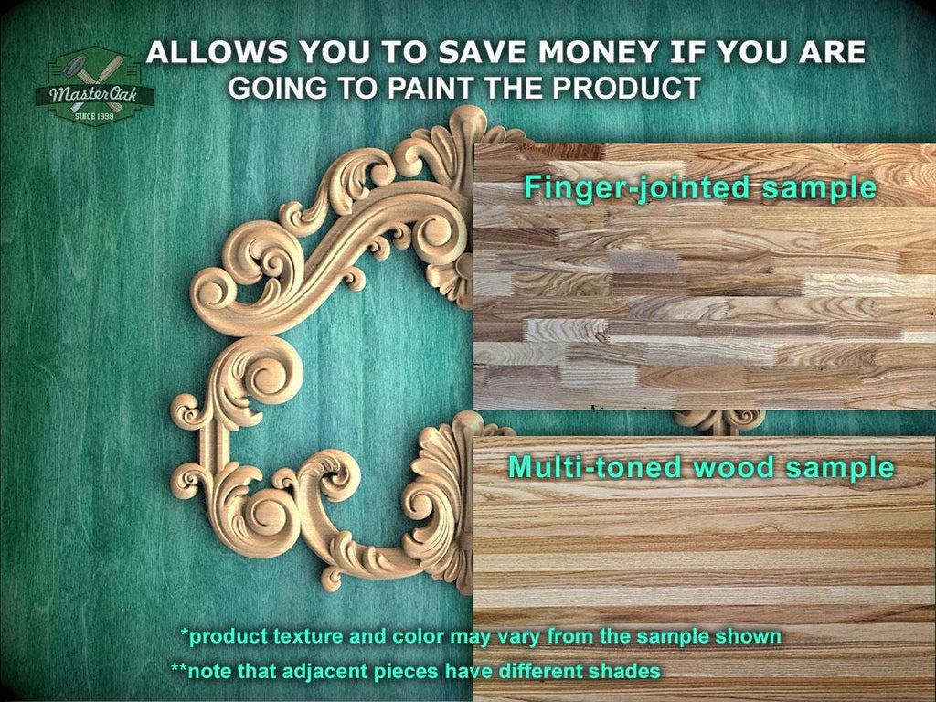 The image is a promotional advertisement for Master Oak, a company that sells wood products. It features a close-up of a wooden frame with an ornate design, and two samples of wood, one being a finger-jointed sample and the other being a multi-toned wood sample. The text on the image provides information about the products, including that the product texture and color may vary from the sample shown, and that adjacent pieces have different shades.
