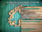 The image is a promotional advertisement for Master Oak, a company that sells wood products. It features a close-up of a wooden frame with an ornate design, and two samples of wood, one being a finger-jointed sample and the other being a multi-toned wood sample. The text on the image provides information about the products, including that the product texture and color may vary from the sample shown, and that adjacent pieces have different shades.