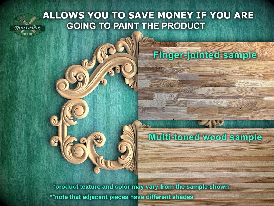 The image is a promotional advertisement for Master Oak, a company that sells wood products. It features a close-up of a wooden frame with an ornate design, and two samples of wood, one being a finger-jointed sample and the other being a multi-toned wood sample. The text on the image provides information about the products, including that the product texture and color may vary from the sample shown, and that adjacent pieces have different shades.