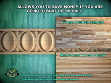 Load image into Gallery viewer, The image is a collage of three different wood samples, including a finger-jointed sample, a multi-toned wood sample, and a sample of a product texture and color. The text above the images states that the product texture and color may vary from the sample shown, and there is a note that adjacent pieces have different shades.
