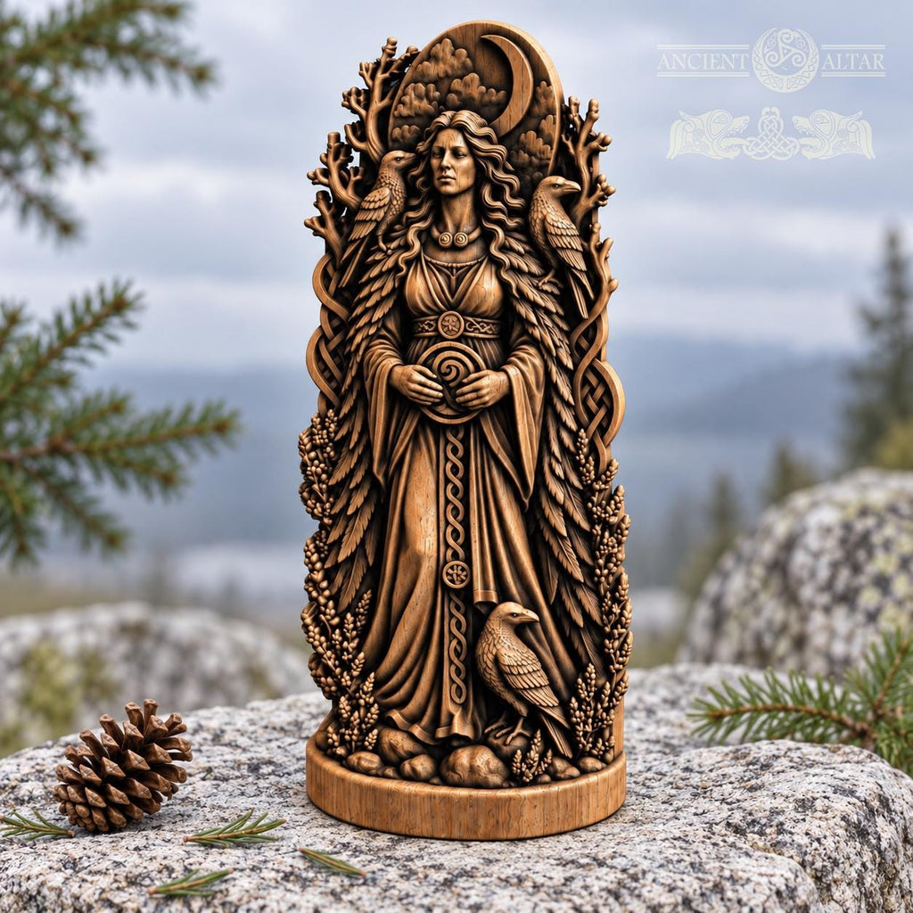 Morrigan Raven Queen Figurine, Celtic War Goddess Statue, Wooden Irish Deity, Dark Pagan Altar Decor, Witchcraft Gift