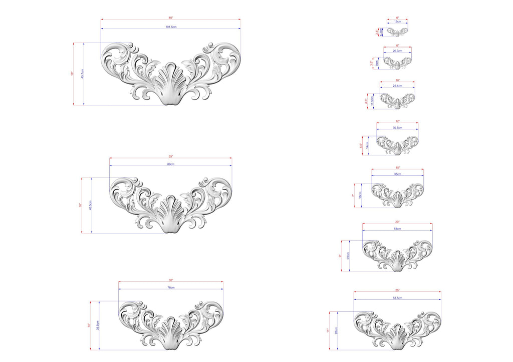 a series of ornate, decorative designs or patterns, each accompanied by a set of measurements or dimensions. The designs are arranged in a grid format, with each row representing a different design and each column representing a different measurement unit. The image is a collage of multiple images, and the descriptions provided should not be used to describe each individual image, but rather to provide a general understanding of the overall content of the image.