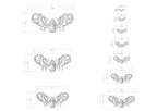 a series of ornate, decorative designs or patterns, each accompanied by a set of measurements or dimensions. The designs are arranged in a grid format, with each row representing a different design and each column representing a different measurement unit. The image is a collage of multiple images, and the descriptions provided should not be used to describe each individual image, but rather to provide a general understanding of the overall content of the image.
