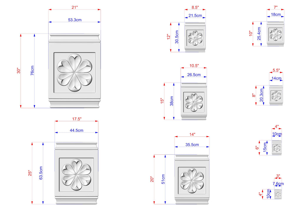 various sizes of a decorative stone piece with a flower-like design, each with its own dimensions and measurements.