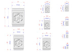 various sizes of a decorative stone piece with a flower-like design, each with its own dimensions and measurements.