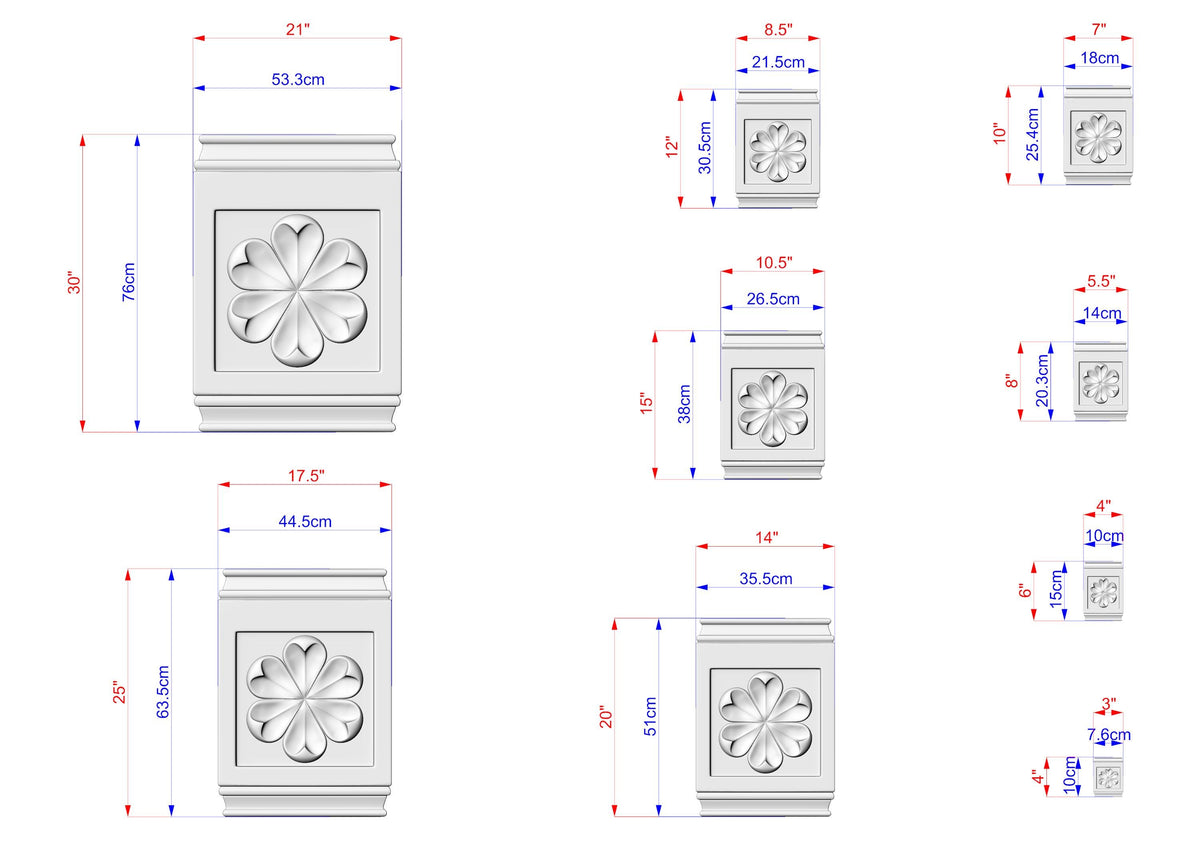 various sizes of a decorative stone piece with a flower-like design, each with its own dimensions and measurements.