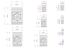Load image into Gallery viewer, various sizes of a decorative stone piece with a flower-like design, each with its own dimensions and measurements.
