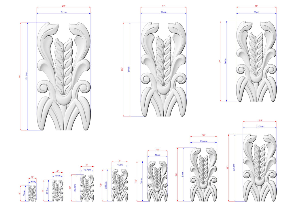 several white sculptures with intricate designs, each accompanied by its own set of measurements in centimeters. The sculptures vary in size, ranging from small to large, and are arranged in a grid-like pattern. The image does not contain any text or additional objects, and the relative positions of the sculptures to each other are consistent throughout the image.