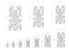several white sculptures with intricate designs, each accompanied by its own set of measurements in centimeters. The sculptures vary in size, ranging from small to large, and are arranged in a grid-like pattern. The image does not contain any text or additional objects, and the relative positions of the sculptures to each other are consistent throughout the image.