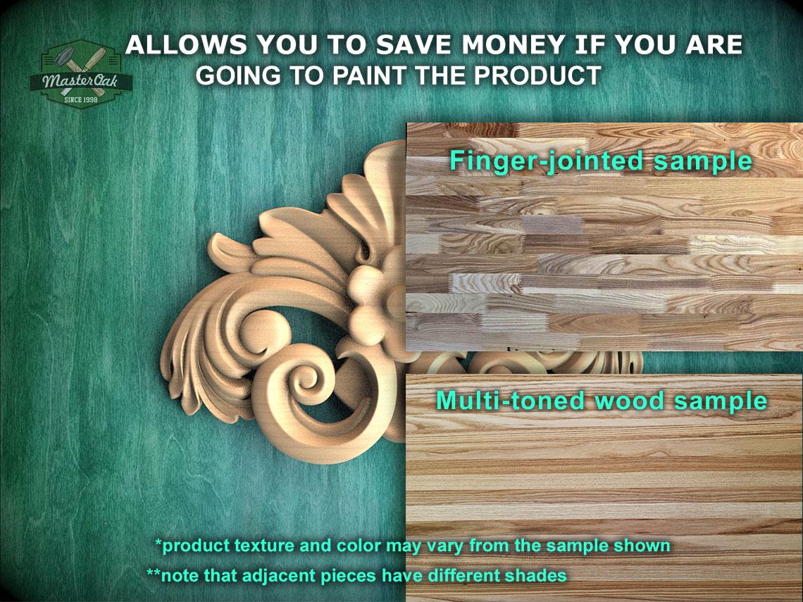 The image is a promotional advertisement for Master Oak, a company that sells wood products. It features a close-up of a wooden carving and a sample of multi-toned wood, along with text providing information about the products.