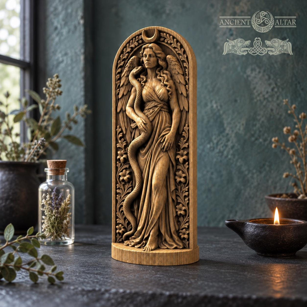 Lilith Statue, Wooden Dark Goddess Figurine, Serpent and Moon Altar Decor, Occult Sculpture, Divine Feminine Pagan Gift