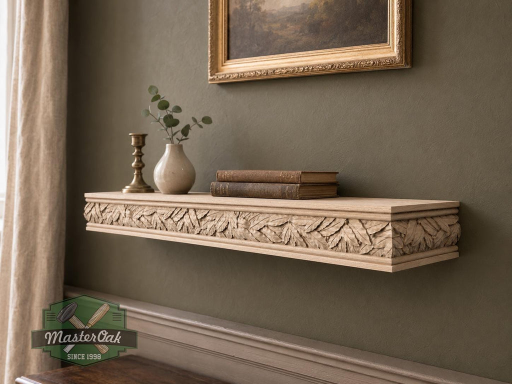 Carved Solid Oak Wall Shelf with Acanthus Leaves, Ornate Floating Shelf, Botanical Wood Display Shelf, Classical Home Decor