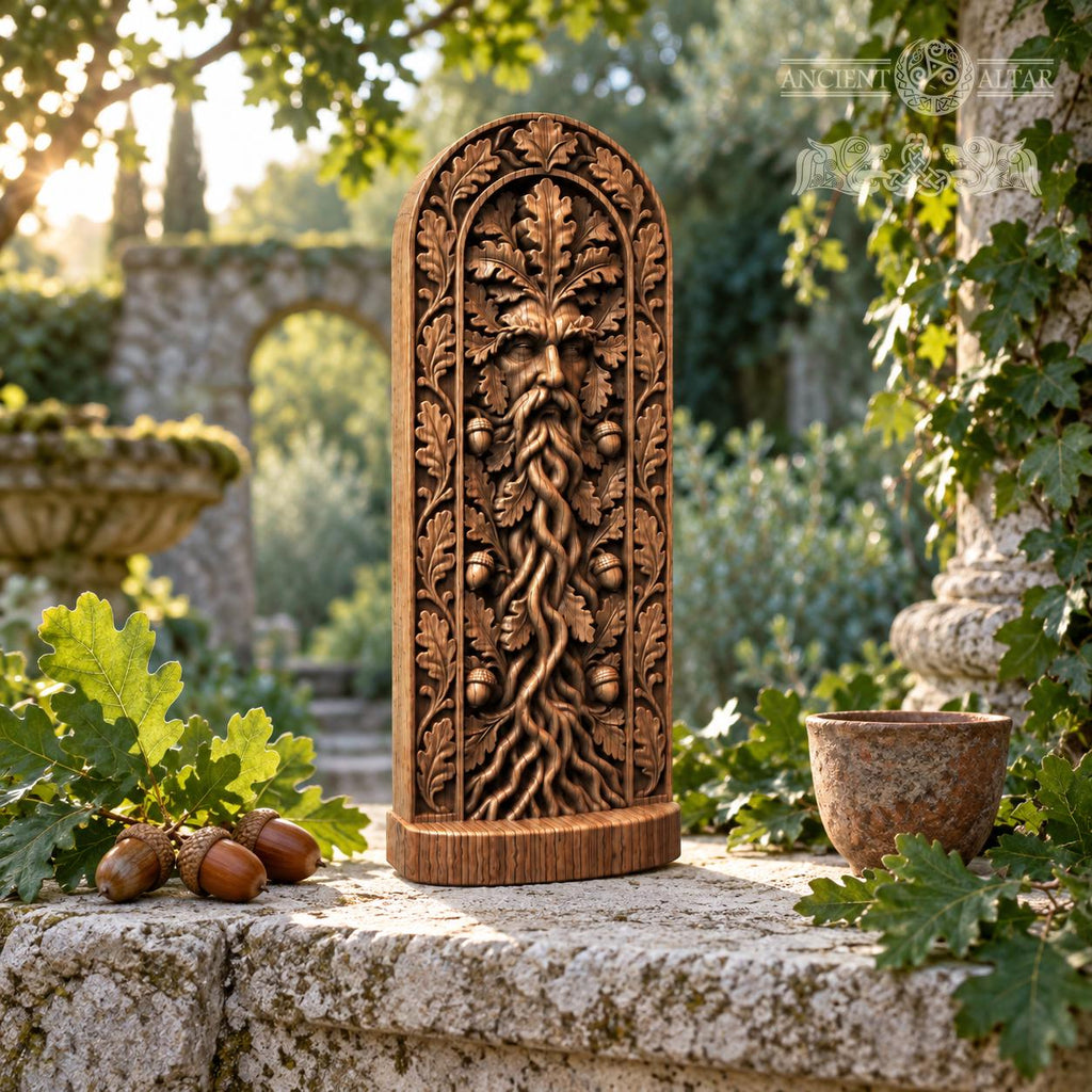 Green Man Sculpture with Twisting Roots, Solid Oak Forest Guardian, Woodland Altar Statue, Acorn and Leaf Decor, Pagan Gift