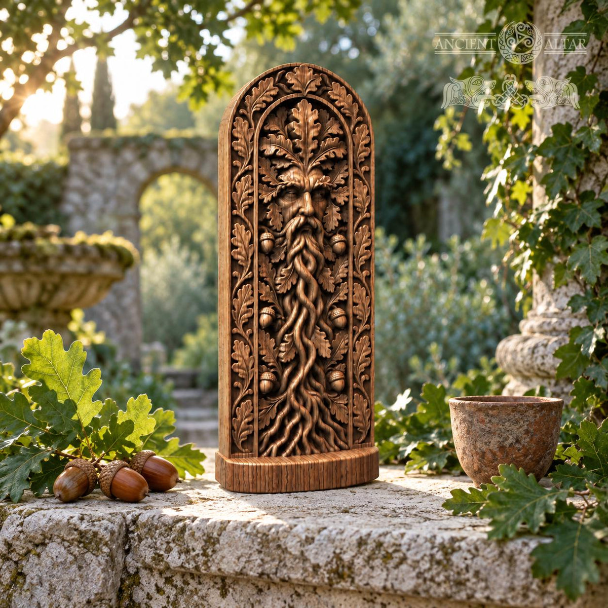 Green Man Sculpture with Twisting Roots, Solid Oak Forest Guardian, Woodland Altar Statue, Acorn and Leaf Decor, Pagan Gift