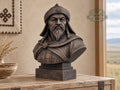 Genghis Khan Bust | Carved & Hand-Finished Wood Statue | Mongolian History Decor