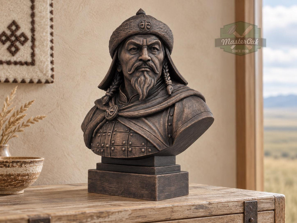 Genghis Khan Bust | Carved & Hand-Finished Wood Statue | Mongolian History Decor