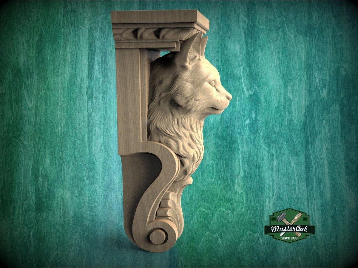 Carved Wooden Cat Corbel – Decorative Wall Bracket with Animal Head