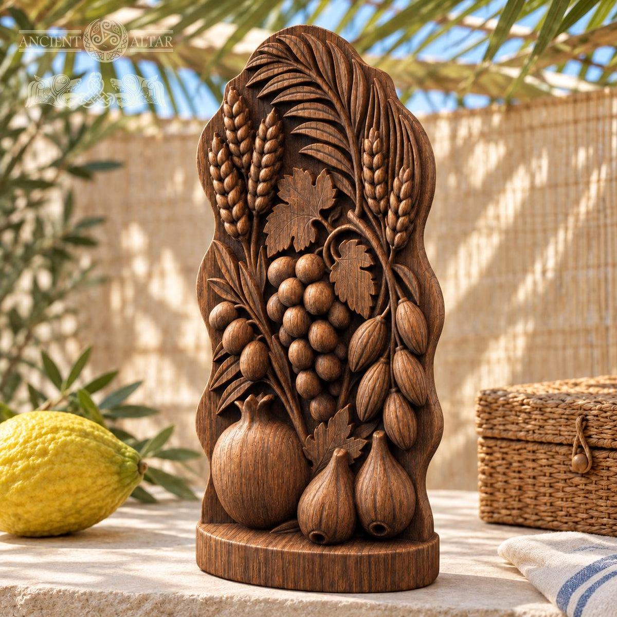 Seven Species Oak Wood Sculpture, Grapes Pomegranate and Fig Relief, Botanical Judaica Decor, Jewish Housewarming Gift