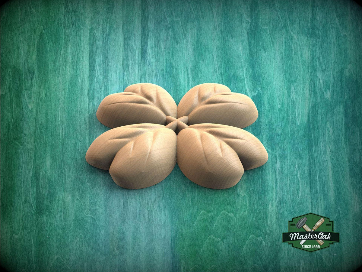 A 3D rendering of a four-leaf clover on a green wooden surface.