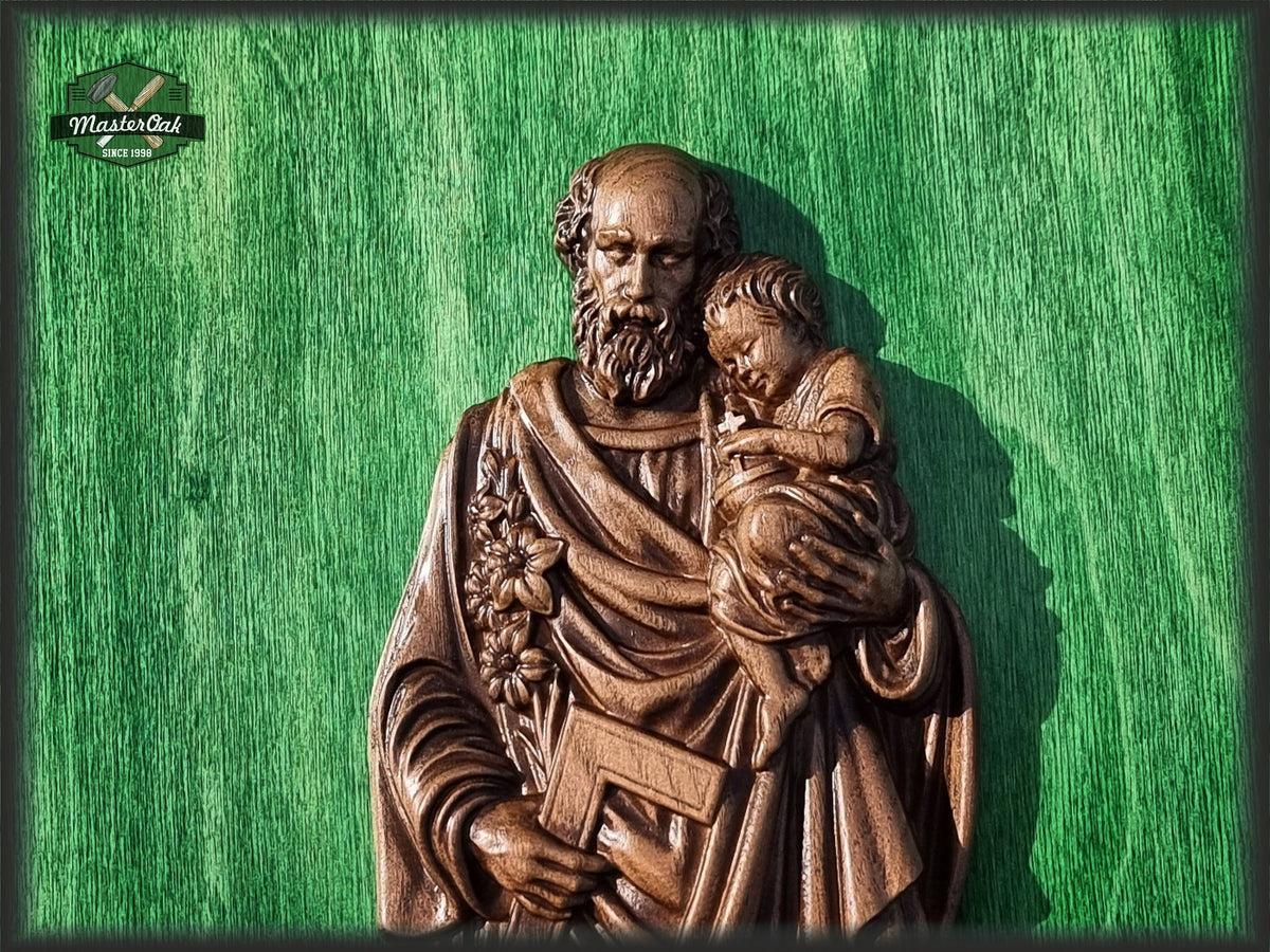 St. Joseph Holding Baby Jesus Wooden Sculpture, Catholic Religious Statue