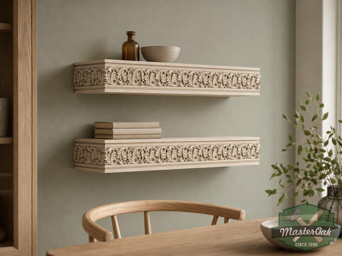 Carved Solid Oak Fireplace Mantel Shelf with Acanthus Leaves, Ornate Floating Wall Shelf, Classical Wood Home Decor