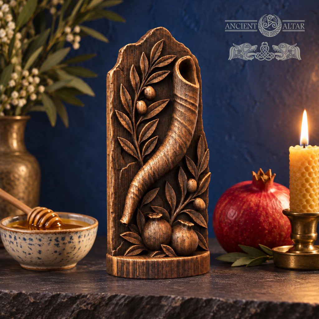 Shofar Oak Wood Relief with Pomegranates and Olive Branches, Judaica Sculpture, Rosh Hashanah Decor, Jewish Housewarming Gift