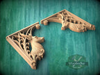 Carved Wood Deer Corner Onlays, Mirrored Pair with Antlers and Gothic Scrollwork