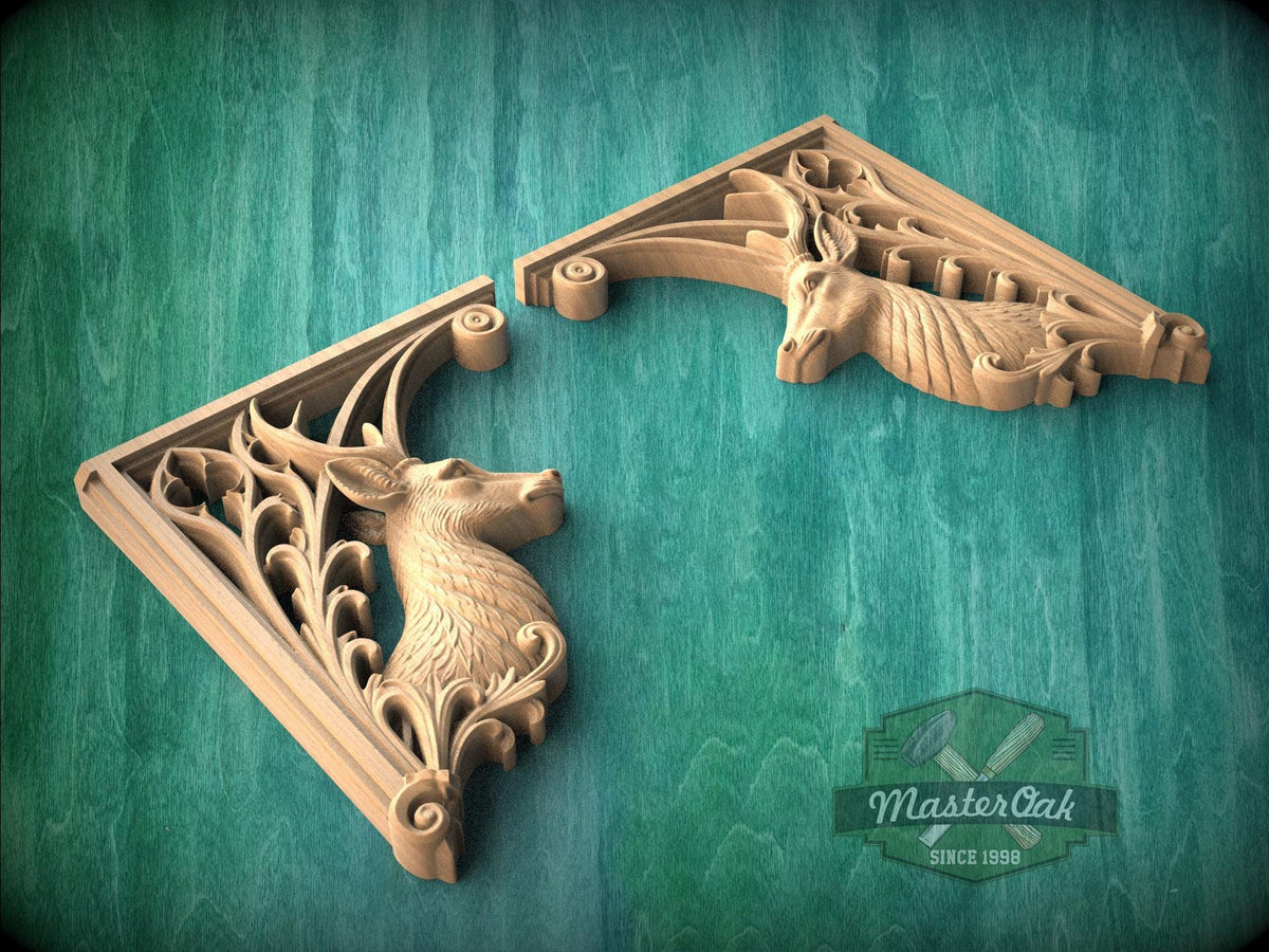 Carved Wood Deer Corner Onlays, Mirrored Pair with Antlers and Gothic Scrollwork