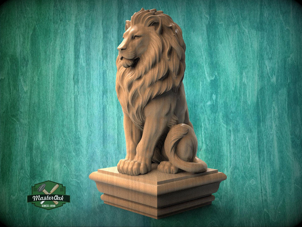 Carved wooden lion newel finial designed as a decorative topper for bed posts, stair posts or furniture columns.