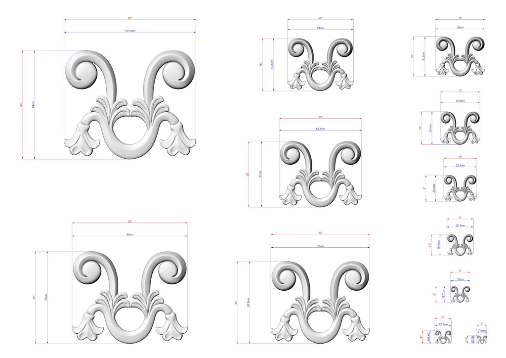 various sizes of decorative scrollwork designs, including a large central design and smaller versions surrounding it. The designs are depicted in a 3D style, and the image is described in terms of its size and dimensions.