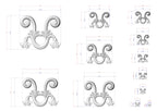 various sizes of decorative scrollwork designs, including a large central design and smaller versions surrounding it. The designs are depicted in a 3D style, and the image is described in terms of its size and dimensions.