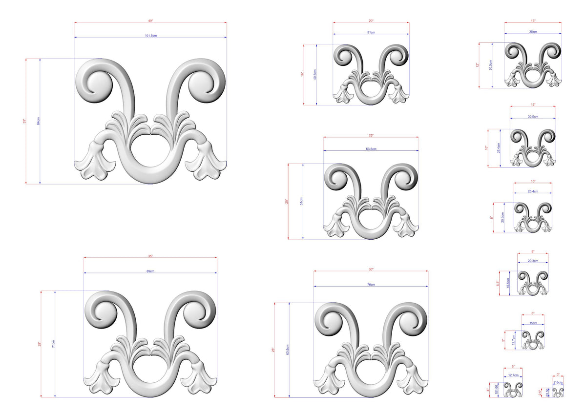 various sizes of decorative scrollwork designs, including a large central design and smaller versions surrounding it. The designs are depicted in a 3D style, and the image is described in terms of its size and dimensions.