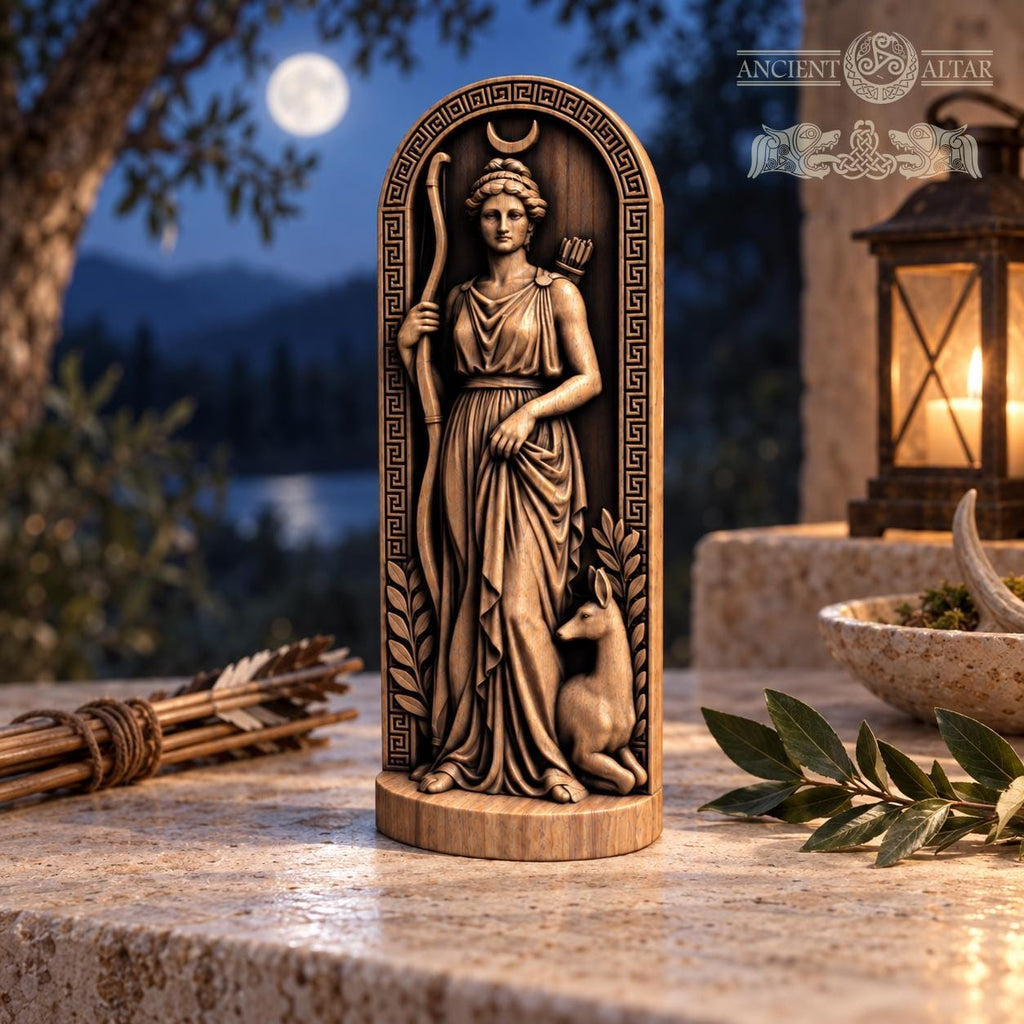 Artemis Wooden Statue with Deer, Greek Goddess of the Hunt Figurine, Moon Altar Decor, Ancient Mythology Sculpture, Pagan Gift