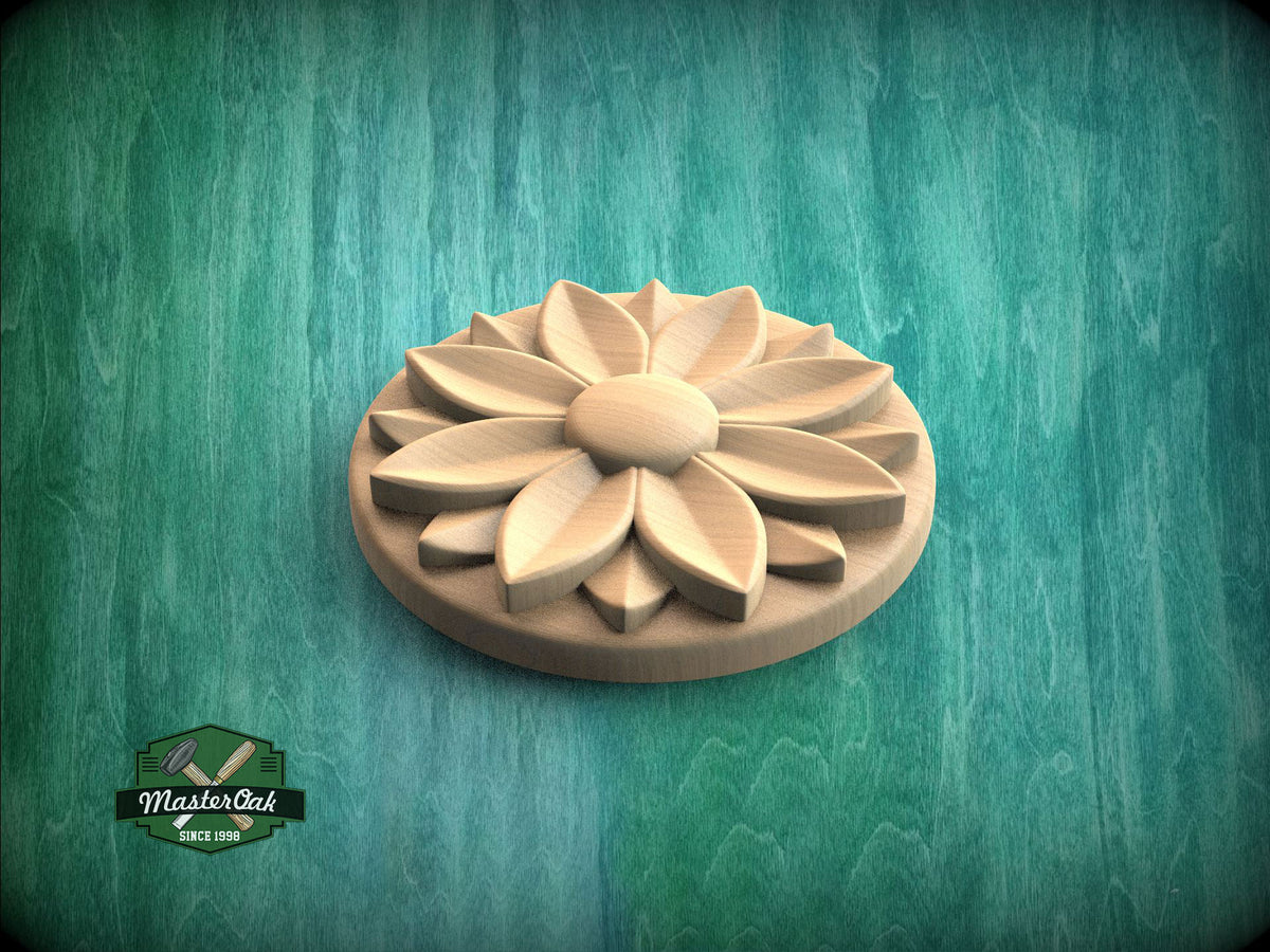A wooden flower-shaped object is displayed against a green background.