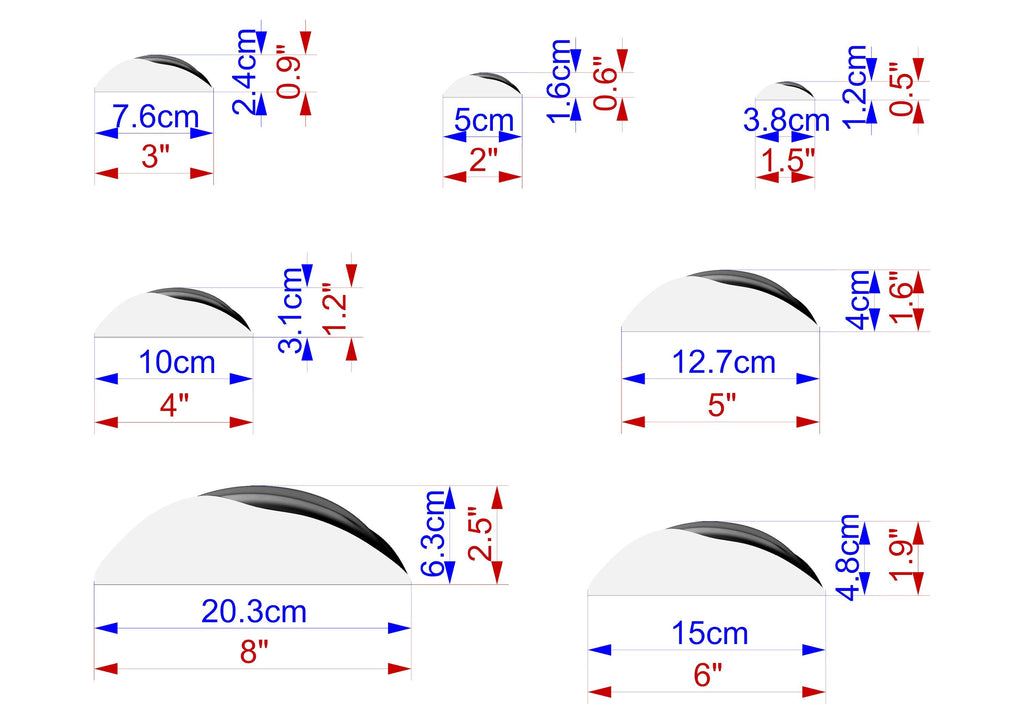a series of diagrams or illustrations, each depicting a different object or shape with its respective dimensions. The diagrams are labeled with measurements in centimeters and inches, providing a clear visual representation of the sizes of the objects.