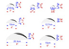 a series of diagrams or illustrations, each depicting a different object or shape with its respective dimensions. The diagrams are labeled with measurements in centimeters and inches, providing a clear visual representation of the sizes of the objects.