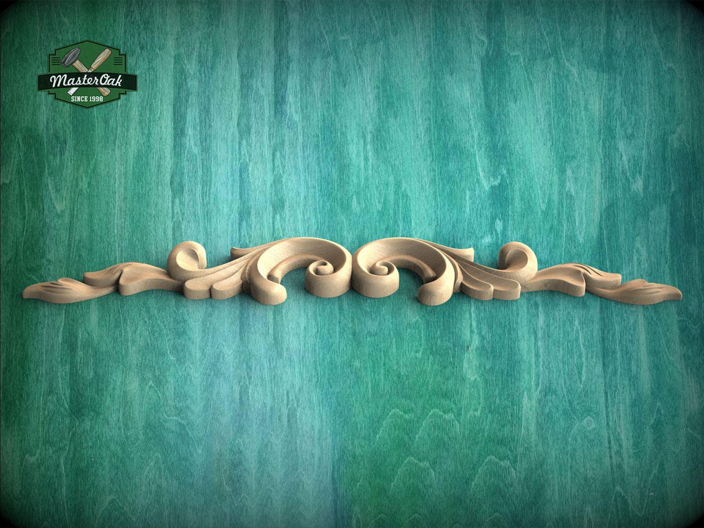 A decorative wooden scrollwork piece is displayed against a textured green background.