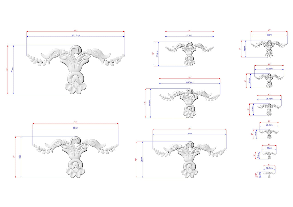 a series of decorative designs, including a bird-like figure, which are depicted in various sizes. The designs are shown in a grid format, with each design being a separate element. The image does not contain any text or additional information beyond the size measurements provided for each design.