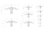 a series of decorative designs, including a bird-like figure, which are depicted in various sizes. The designs are shown in a grid format, with each design being a separate element. The image does not contain any text or additional information beyond the size measurements provided for each design.