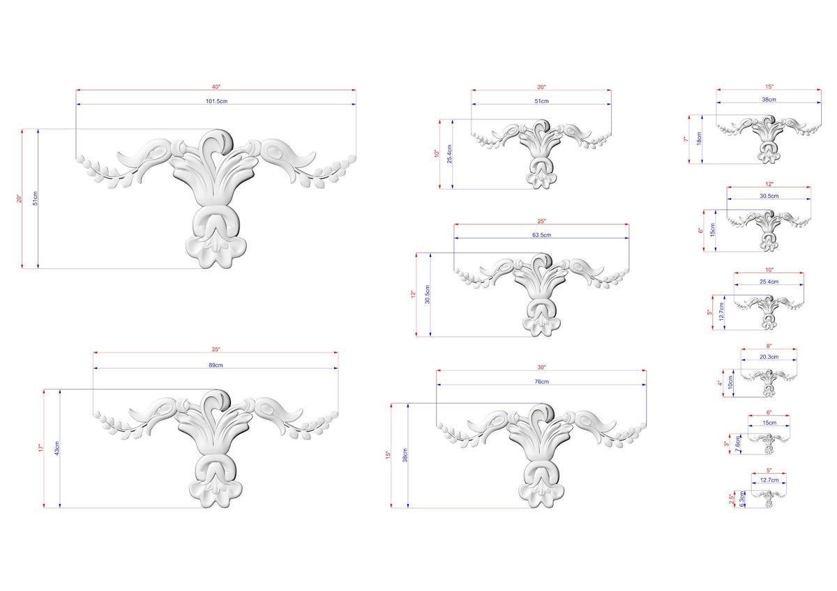 a series of decorative designs, including a bird-like figure, which are depicted in various sizes. The designs are shown in a grid format, with each design being a separate element. The image does not contain any text or additional information beyond the size measurements provided for each design.