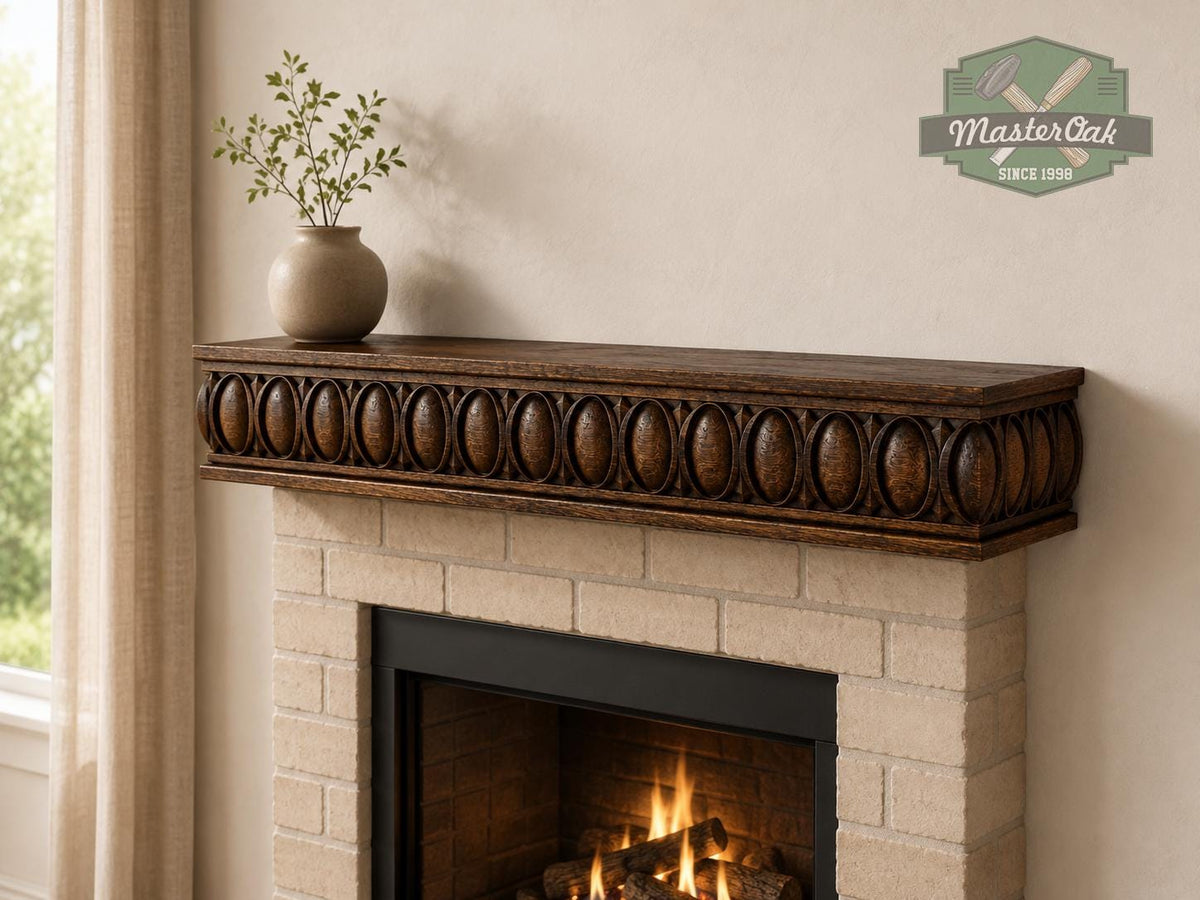 Carved Solid Oak Wall Shelf with Oval Ornament, Decorative Floating Display Shelf, Floating Shelf
