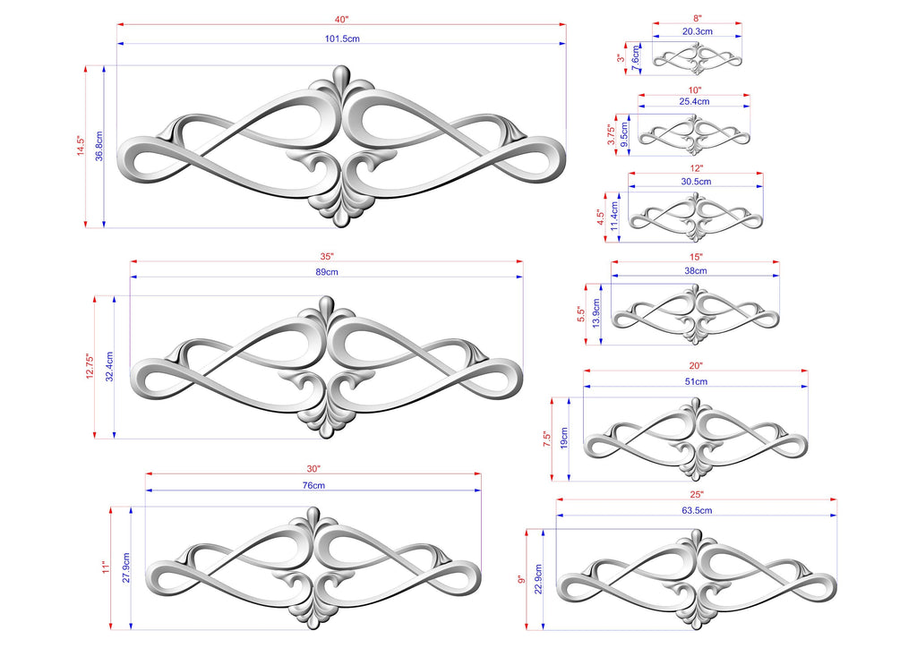 a collection of various sizes of decorative metal designs, including intricate patterns and swirls, as well as measurements and scale drawings.