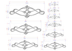 a collection of various sizes of decorative metal designs, including intricate patterns and swirls, as well as measurements and scale drawings.